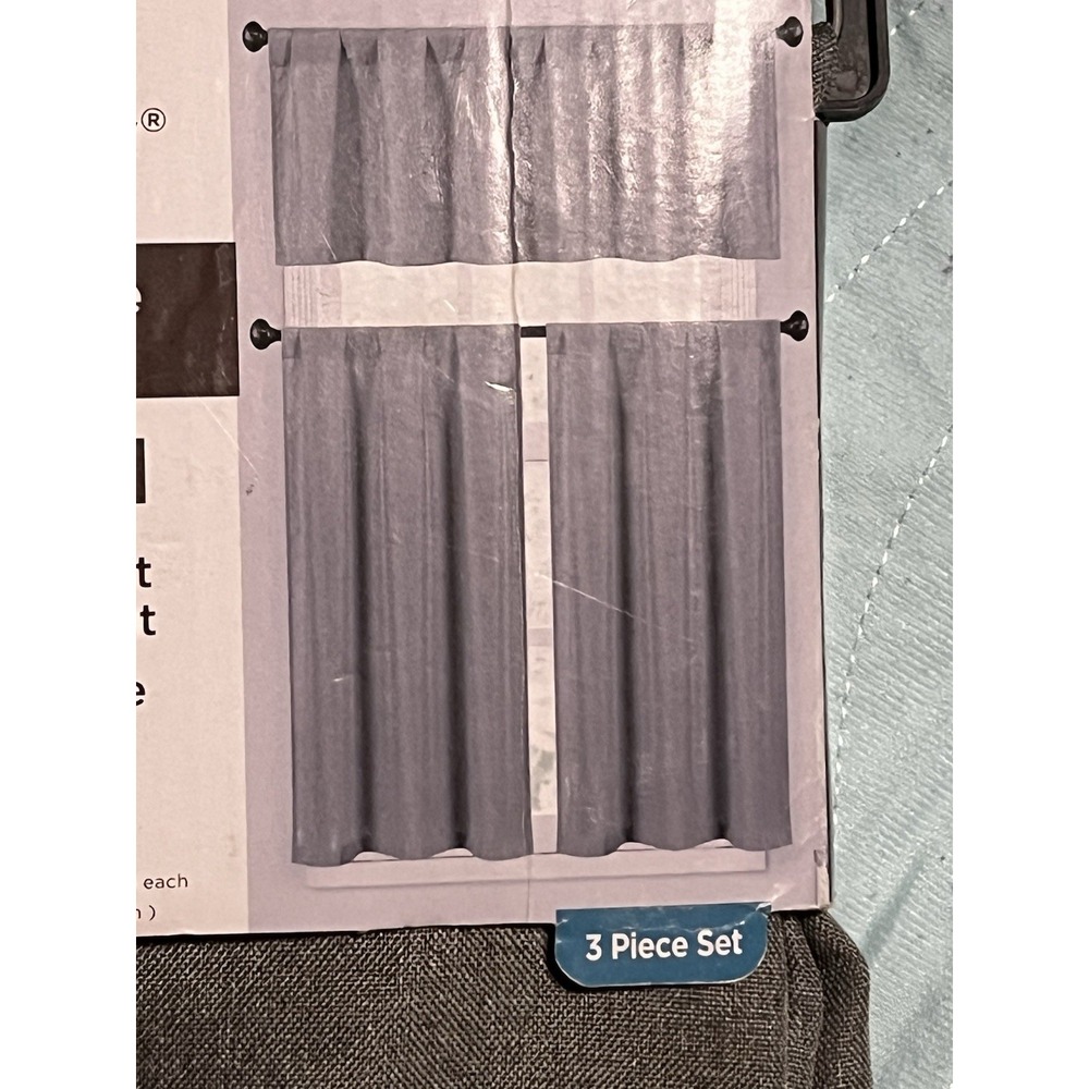 COMFORT BAY~GRAY~TEXTURED~3 PIECE TIER & VALANCE CURTAIN SET~NEW~ROD POCKET - Picture 4 of 7